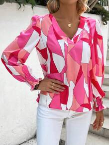 SHEIN LUNE Geo Print Lantern Sleeve Blouse - Pink - View 5