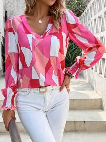 SHEIN LUNE Geo Print Lantern Sleeve Blouse - Pink - View 6