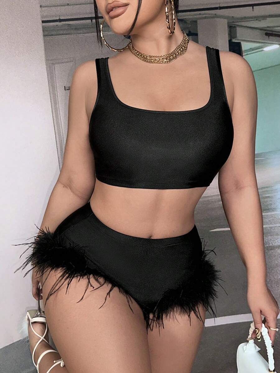 SHEIN SXY 素色背心上衣和毛茸邊短褲 - 黑色 - 查看 1