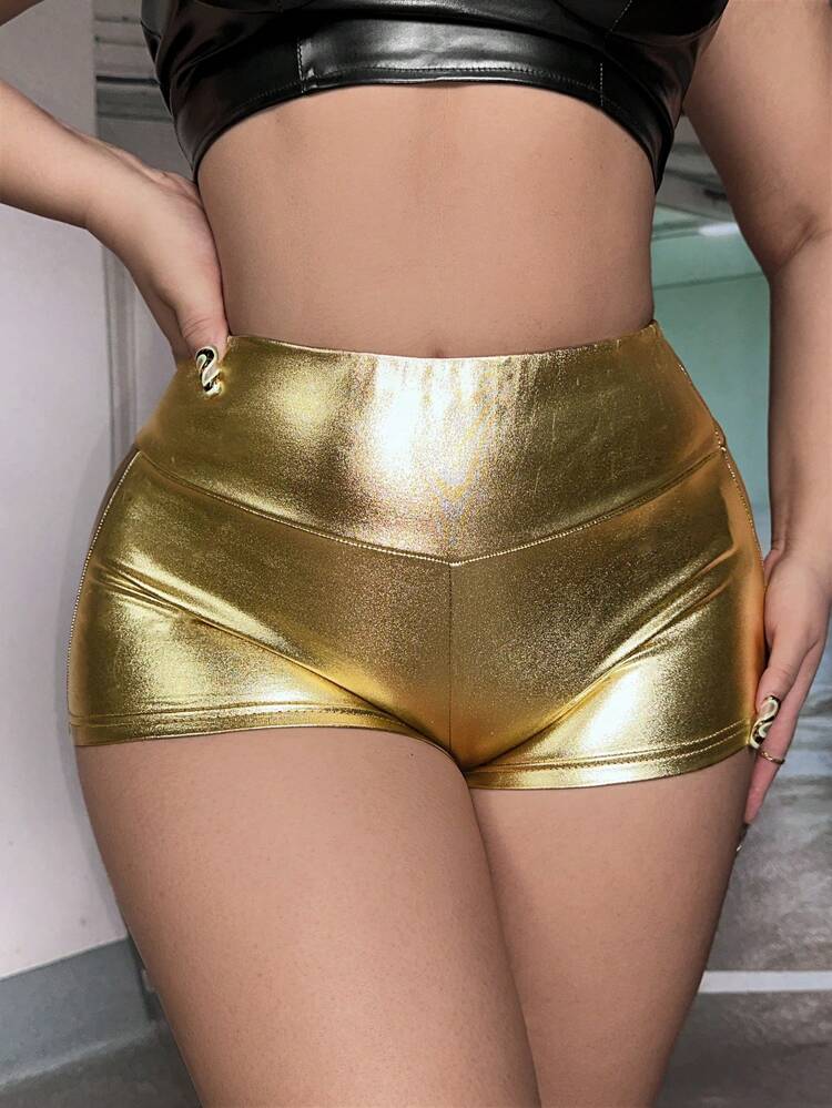 Summer Wideband Waist Metallic Biker Shorts