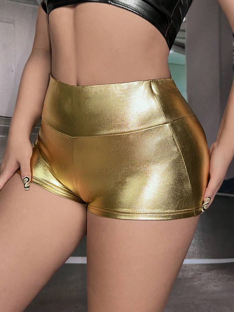 Summer Wideband Waist Metallic Biker Shorts