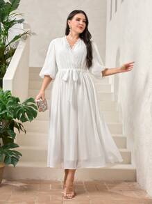 Modelyn Trang phục Ả Rập cộng với kích thước Thắt lưng Tương phản ren Trọn gói màu trơn Thanh lịch - trắng - Xem 2