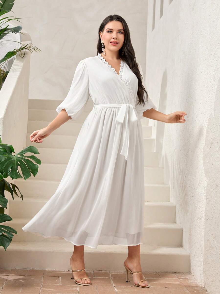 Modelyn Trang phục Ả Rập cộng với kích thước Thắt lưng Tương phản ren Trọn gói màu trơn Thanh lịch - trắng - Xem 1