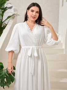 Modelyn Trang phục Ả Rập cộng với kích thước Thắt lưng Tương phản ren Trọn gói màu trơn Thanh lịch - trắng - Xem 4