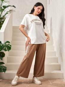 Mulvari Plus Slogan Graphic Drop Shoulder Tee & Wide Leg Pants 2 Pieces Set For Summer - Multicolor - View 1