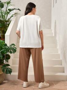Mulvari Plus Slogan Graphic Drop Shoulder Tee & Wide Leg Pants 2 Pieces Set For Summer - Multicolor - View 2