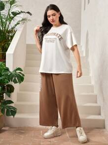 Mulvari Plus Slogan Graphic Drop Shoulder Tee & Wide Leg Pants 2 Pieces Set For Summer - Multicolor - View 3
