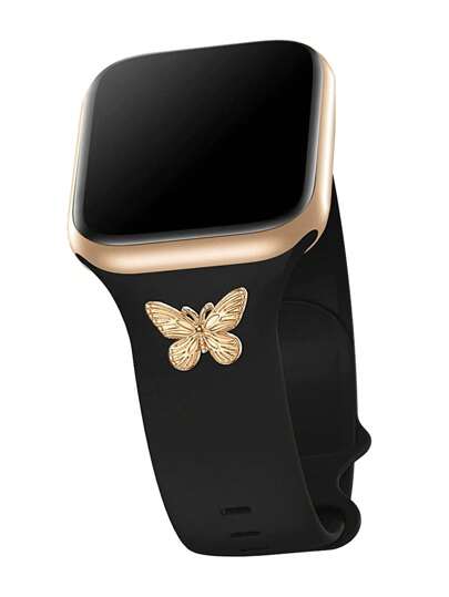 1pc Black Silicone Watch Band, Suitable For Women's Fashion Watches, Watch Bands Straps With Butterfly Decoration, Fit For Series SE S10 S9/S8/S7/S6/S5/S4/S3/S2/S1 38mm/40/41, 42/44/45/49mm Smart Watch Accessories