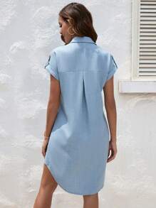 SHEIN LUNE Đầm Túi Nút phía trước màu trơn Giải trí - Màu xanh nhạt - Xem 2