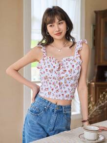 DAZY 碎花褶邊前繫帶吊帶上衣 - 白色 - 查看 1