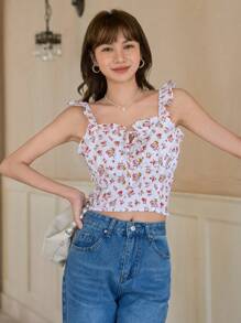 DAZY 碎花褶邊前繫帶吊帶上衣 - 白色 - 查看 6