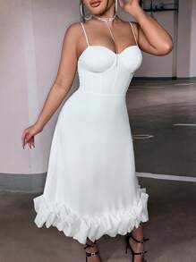 SHEIN SXY 荷葉邊緊身吊帶連衣裙 - 白色 - 查看 3