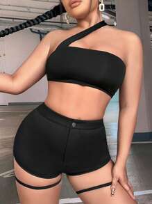 SHEIN SXY Solid Garter Shorts - Black - View 2
