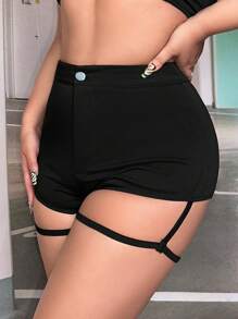SHEIN SXY Solid Garter Shorts - Black - View 1