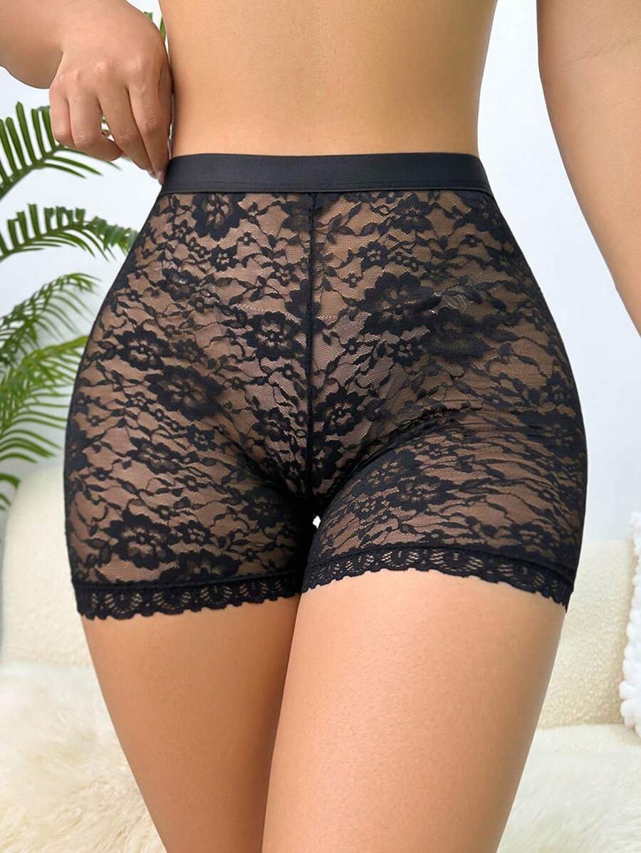 High Waist Lace Boyshorts - Black - View 1