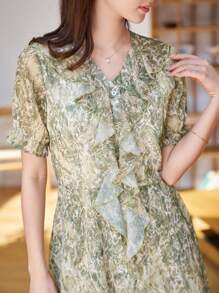 DAZY 满版印花荷叶边泡泡袖连衣裙太阳裙