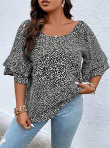 SHEIN LUNE 大碼斑點印花荷葉袖襯衫 - 黑與白 - 查看 1