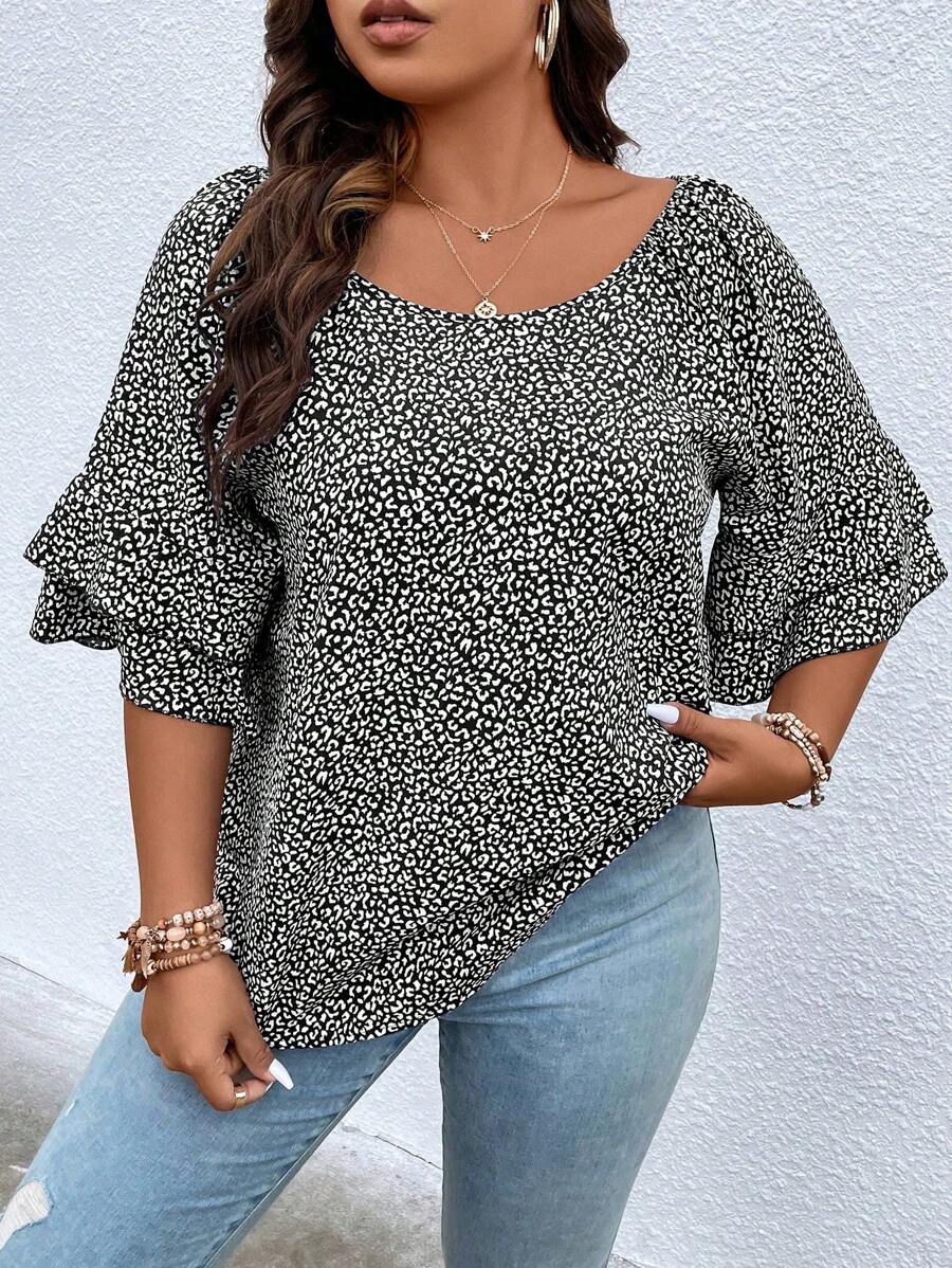 SHEIN LUNE 大碼斑點印花荷葉袖襯衫 - 黑與白 - 查看 1