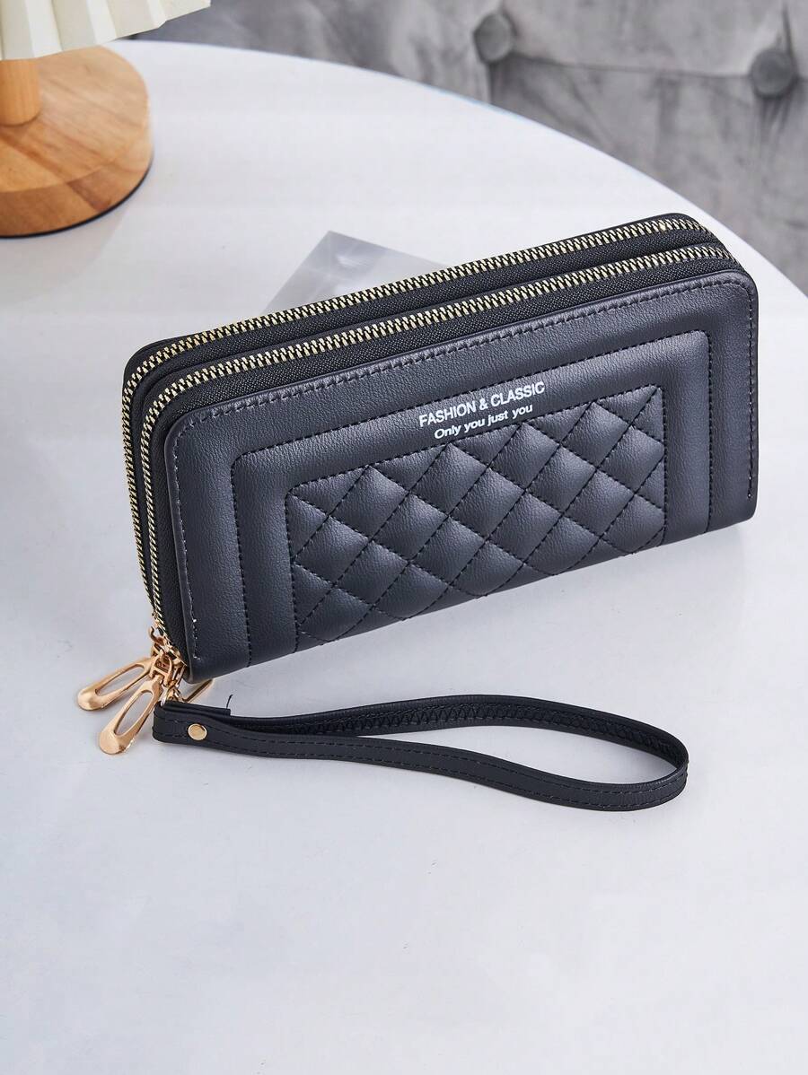 Fashionable Diamond Pattern Textured Double Layer Multifunctional Long Women's Wallet - Black - View 1