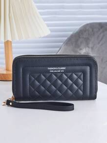 Fashionable Diamond Pattern Textured Double Layer Multifunctional Long Women's Wallet - Black - View 3