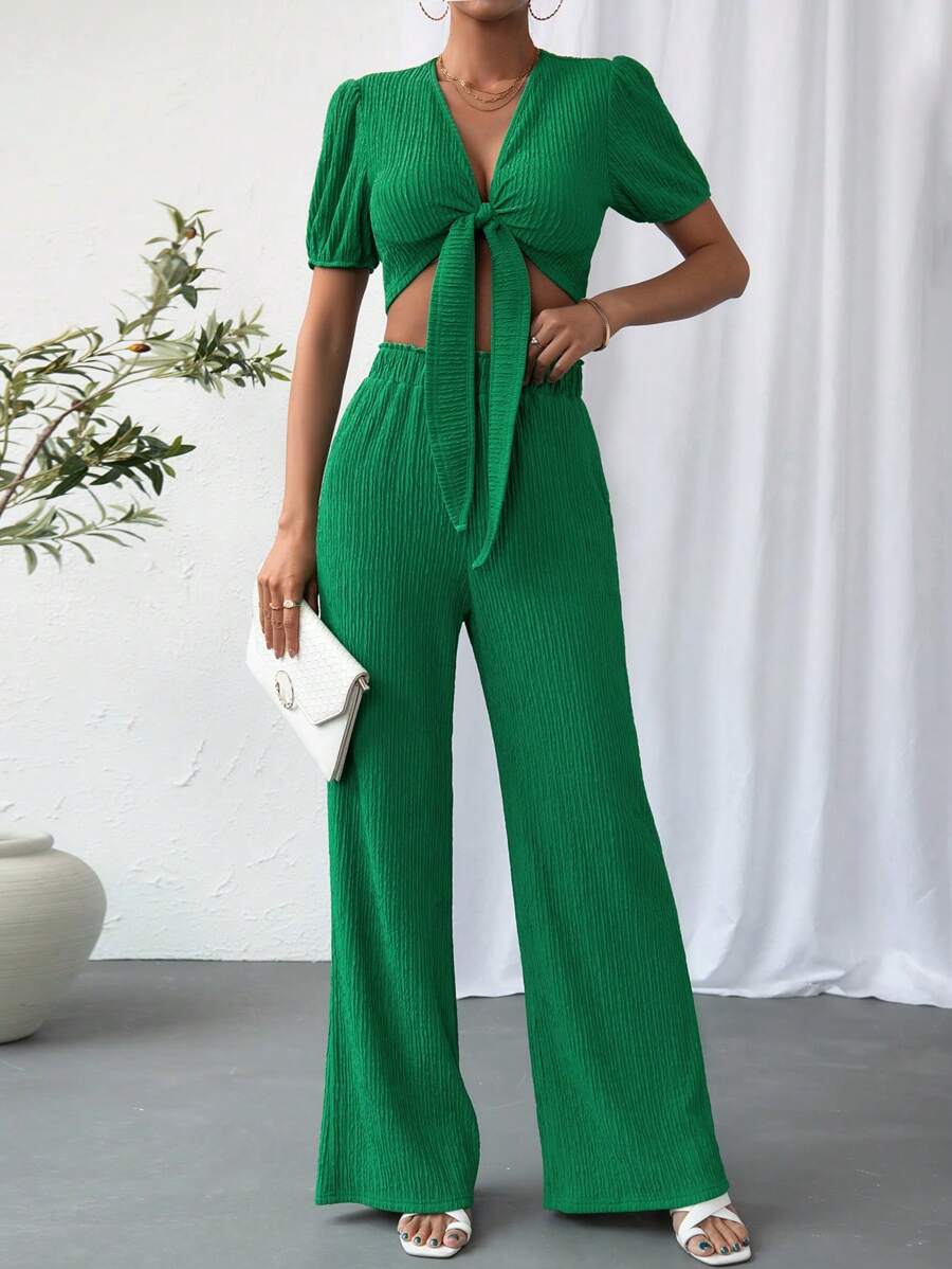 SHEIN Essnce Bộ đồ hai mảnh nữ Thắt nơ trước màu trơn Giải trí - màu xanh lá - Xem 1