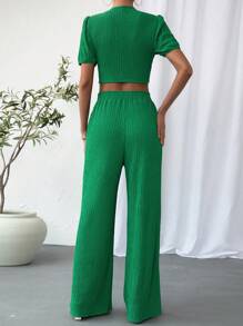 SHEIN Essnce Bộ đồ hai mảnh nữ Thắt nơ trước màu trơn Giải trí - màu xanh lá - Xem 2