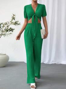 SHEIN Essnce Bộ đồ hai mảnh nữ Thắt nơ trước màu trơn Giải trí - màu xanh lá - Xem 3