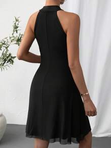 SHEIN Privé Solid Halter Neck A-line Dress - Black - View 2