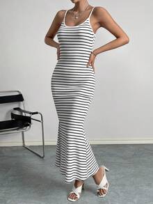 SHEIN Essnce Striped Print Cami Dress - Black and White - View 6