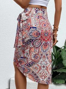 SHEIN VCAY 佩斯利印花側打結裹身裙 - 紅色 - 查看 2