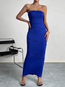 SHEIN Privé 木耳邊抹胸緊身洋裝 - 寶藍色 - 查看 3