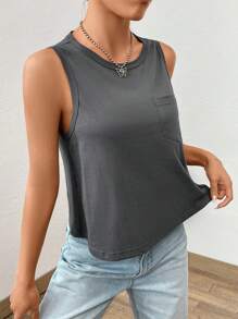 SHEIN EZwear 素色口袋貼布背心上衣 - 深灰色 - 查看 4