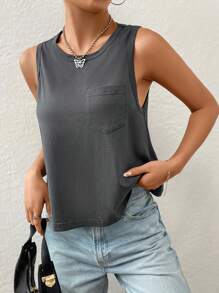 SHEIN EZwear 素色口袋貼布背心上衣 - 深灰色 - 查看 5