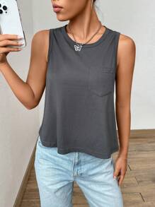 SHEIN EZwear 素色口袋貼布背心上衣 - 深灰色 - 查看 7