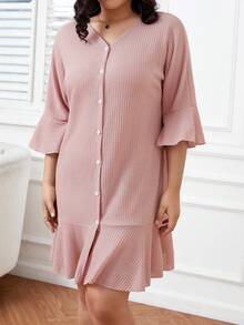 SHEIN Plus Flounce Sleeve Ruffle Hem Waffle Knit Nightdress - Dusty Pink - View 3