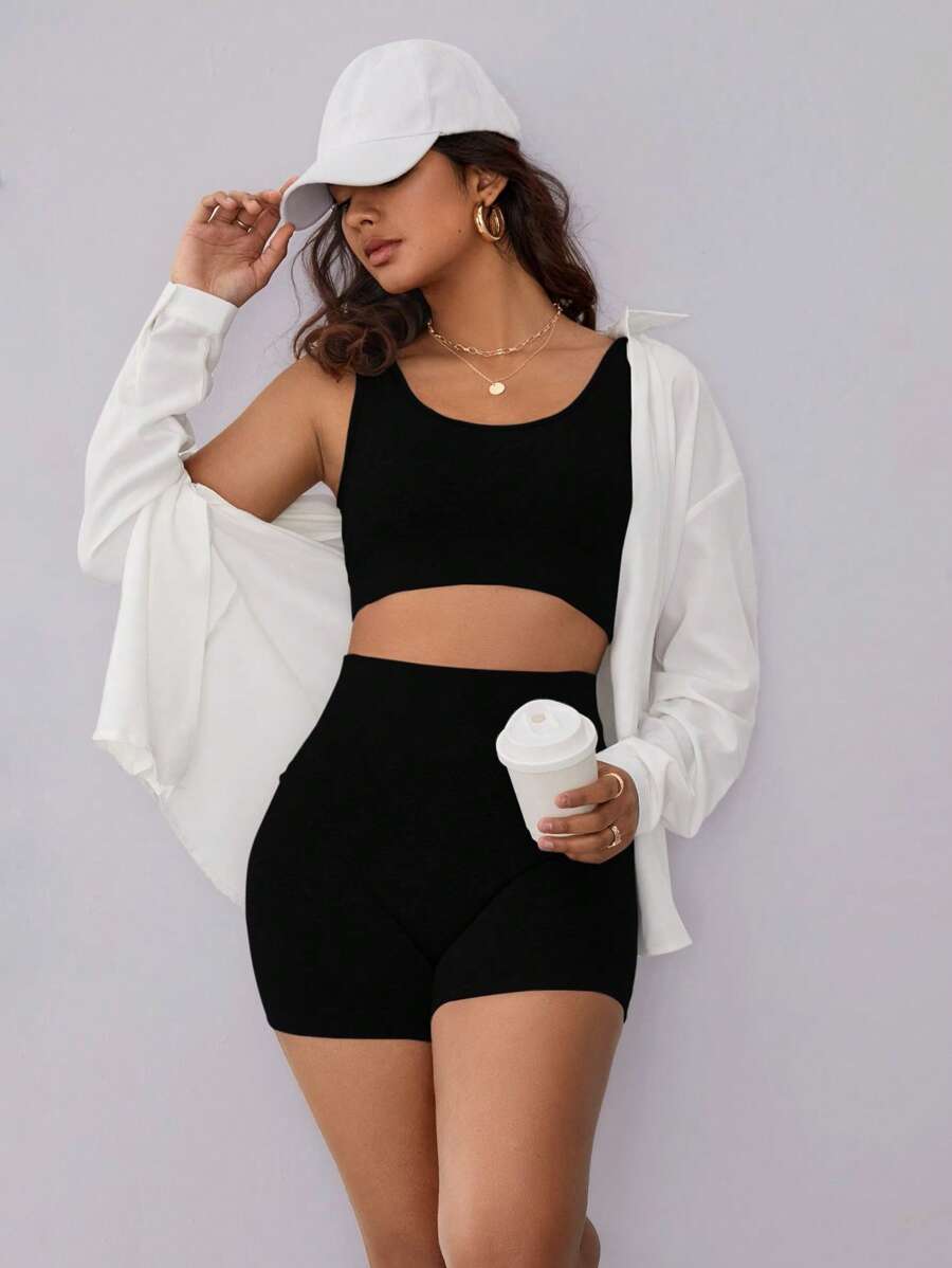 Slayform Solid Ribbed Knit Sports Set Workout Women Set Gym Women Outfit - Black - View 1