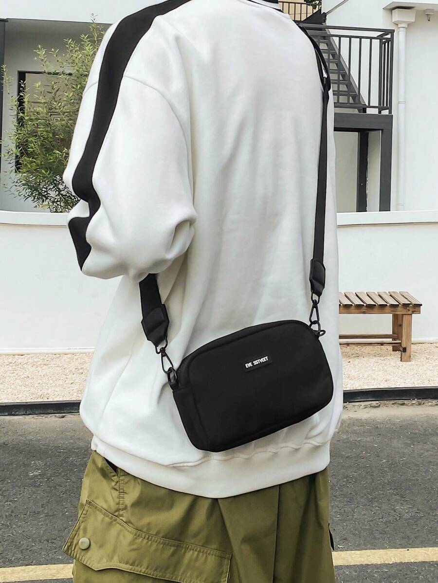 Mini Square Bag Letter Patch Decor For Men, Handbag Schoolbag Sling Bag Sport Bag for High School University Student for Travel College School - Black - View 1