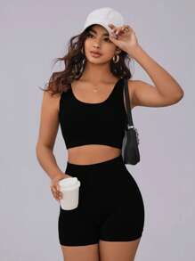 Slayform Solid Ribbed Knit Sports Set Workout Women Set Gym Women Outfit - Black - View 4