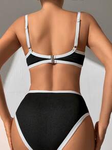 SHEIN Swim Contrast Binding Triangle Bikini Set, For Summer Beach Vacation - Black and White - View 2