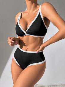 SHEIN Swim Contrast Binding Triangle Bikini Set, For Summer Beach Vacation - Black and White - View 5