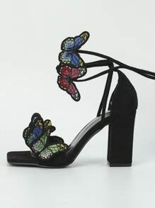 Mujer Sandalias con diseño de mariposa tira plataforma con tacón grueso moda - Negro - Ver 3