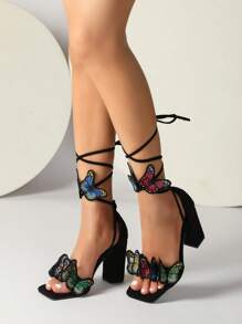 Mujer Sandalias con diseño de mariposa tira plataforma con tacón grueso moda - Negro - Ver 6