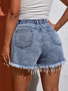 SHEIN Essnce Plus Ripped Raw Hem Denim Shorts - Light Wash - View 2