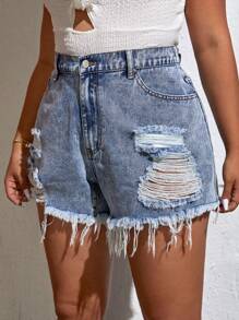 SHEIN Essnce Plus Ripped Raw Hem Denim Shorts - Light Wash - View 3