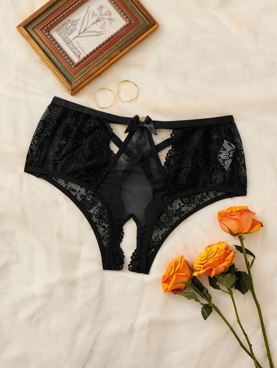 Bragas con encaje floral con abertura sin entrepierna - Negro - Ver 1