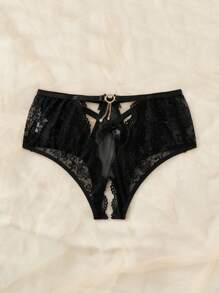 Bragas con encaje floral con abertura sin entrepierna - Negro - Ver 2