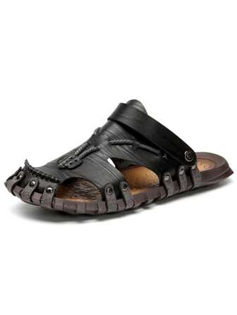 Men Studded Detail Casual Sandals, Slingback Fashion Sandals Black