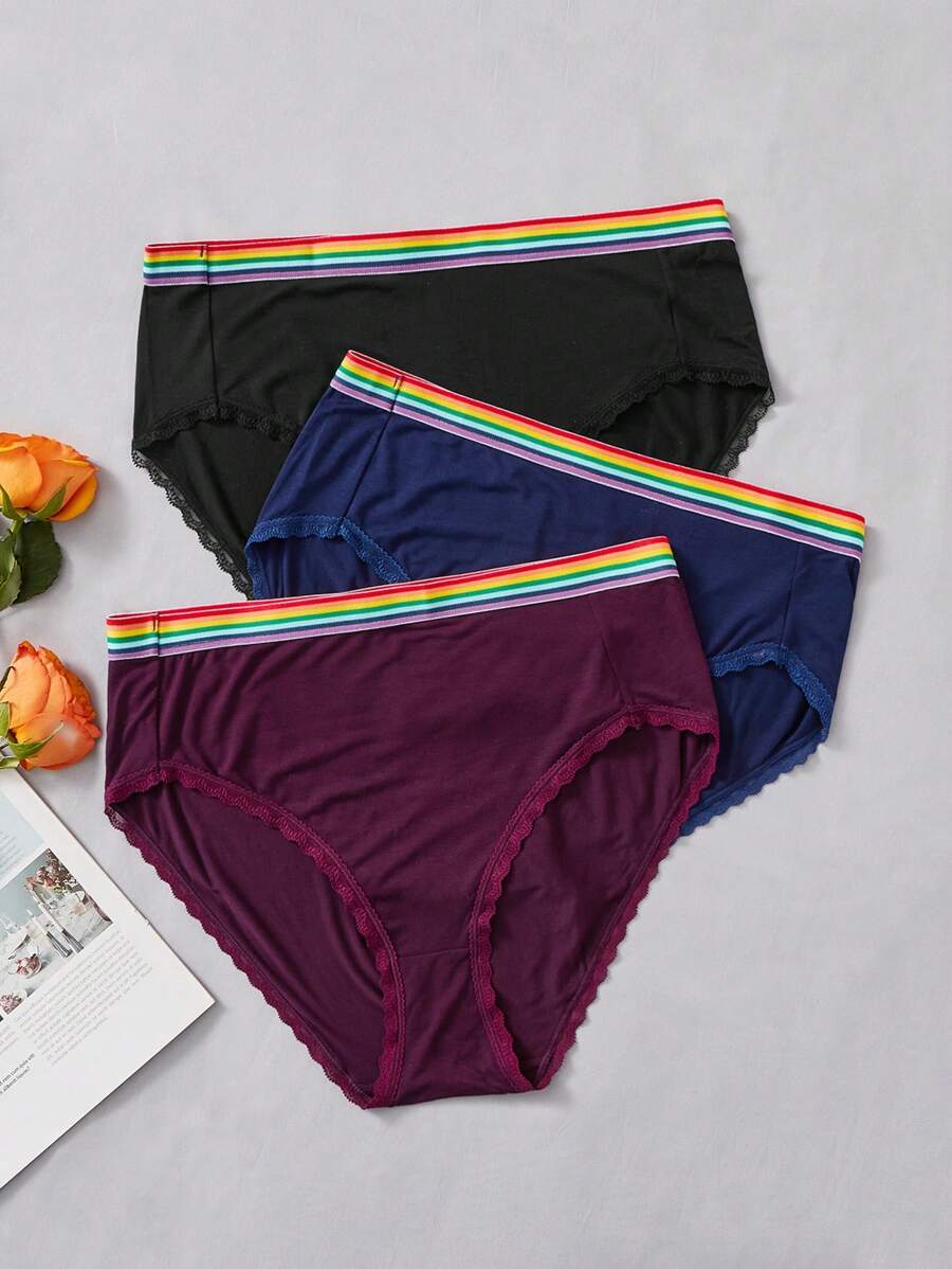 大碼3入組彩虹條紋織帶蕾絲邊內褲