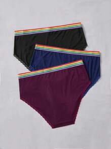 大碼3入組彩虹條紋織帶蕾絲邊內褲