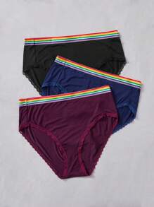 大碼3入組彩虹條紋織帶蕾絲邊內褲